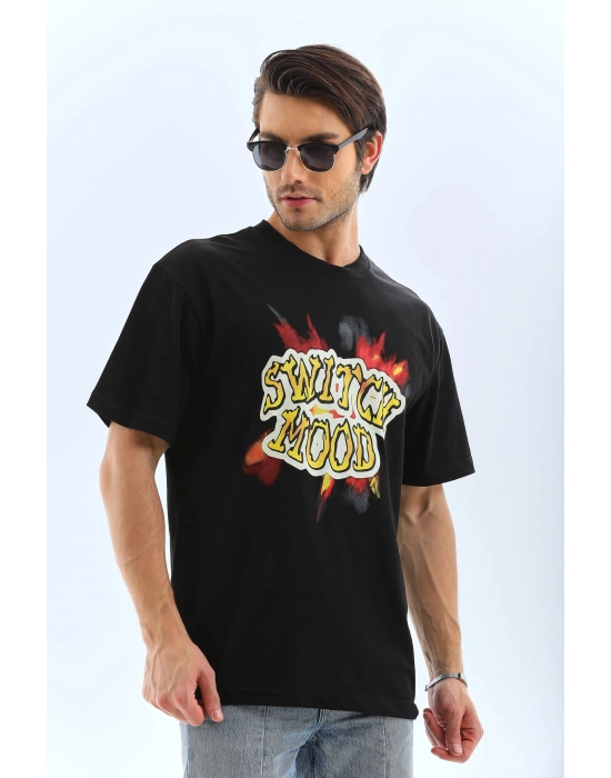 Oversize Baskılı Bisiklet Yaka T-Shirt - Siyah -