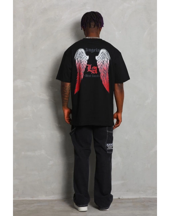 Oversize Baskılı Bisiklet Yaka T-Shirt - Siyah -