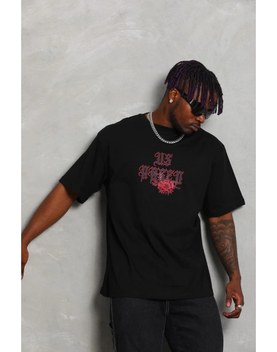 Oversize Baskılı Bisiklet Yaka T-Shirt - Siyah -