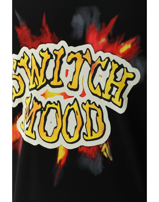 Oversize Baskılı Bisiklet Yaka T-Shirt - Siyah -