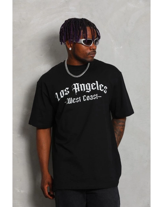 Oversize Baskılı Bisiklet Yaka T-Shirt - Siyah -