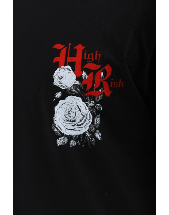 Oversize Baskılı Bisiklet Yaka T-Shirt - Siyah -