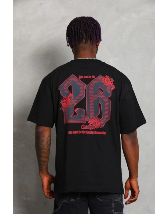 Oversize Baskılı Bisiklet Yaka T-Shirt - Siyah -