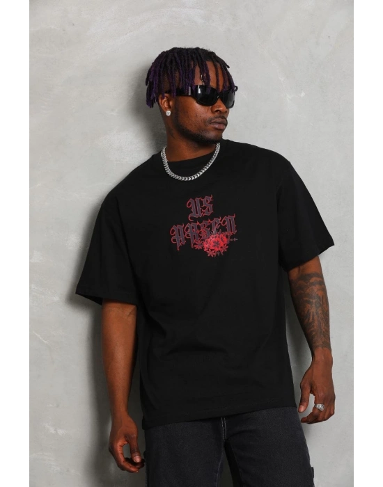 Oversize Baskılı Bisiklet Yaka T-Shirt - Siyah -