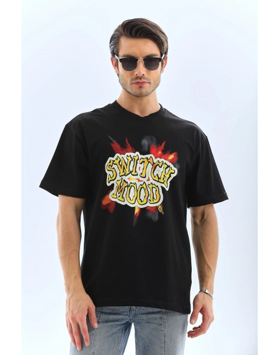 Oversize Baskılı Bisiklet Yaka T-Shirt - Siyah -