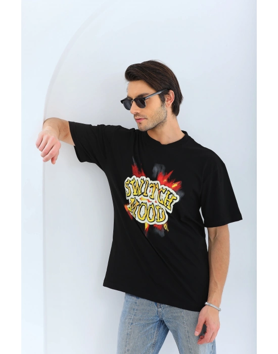 Oversize Baskılı Bisiklet Yaka T-Shirt - Siyah -