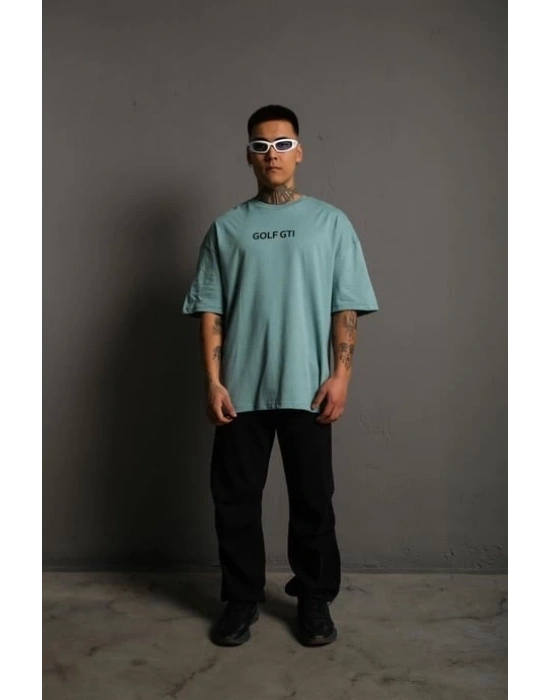 Oversize Baskılı Tişört – Golf GTI Retro Araba Desenli,-Mint Yeşili -