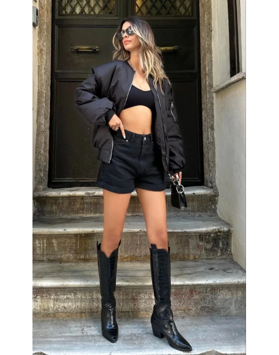 Oversize Bomber Ceket – Siyah, Fermuarlı, Sokak Modası Tarzı Mont - Siyah -