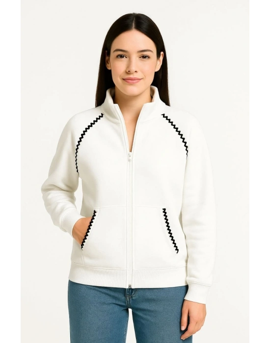 Oversize Dik Yaka Fermuarlı Sweatshirt - Zincir Nakışli Kanguru Cepli, - Beyaz -