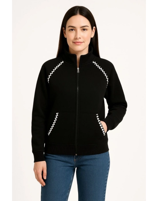 Oversize Dik Yaka Fermuarlı Sweatshirt - Zincir Nakışli Kanguru Cepli, - Siyah -