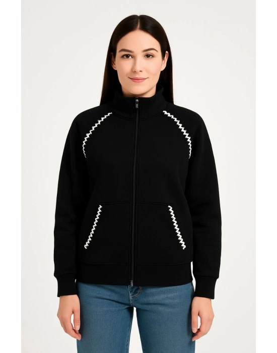 Oversize Dik Yaka Fermuarlı Sweatshirt - Zincir Nakışli Kanguru Cepli, - Siyah -