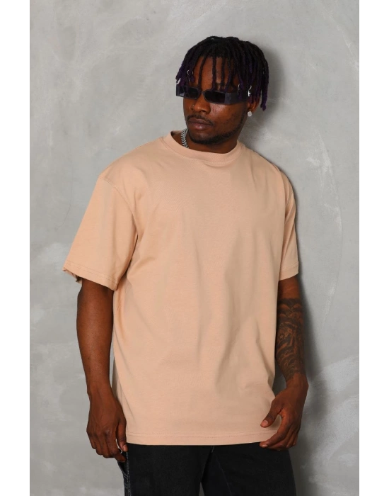 Oversize Düz Bisiklet Yaka T-Shirt - Bej -