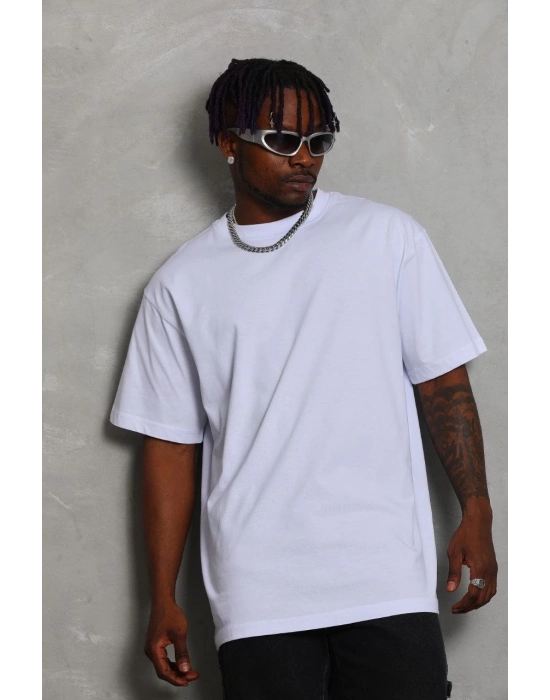 Oversize Düz Bisiklet Yaka T-Shirt - Beyaz -