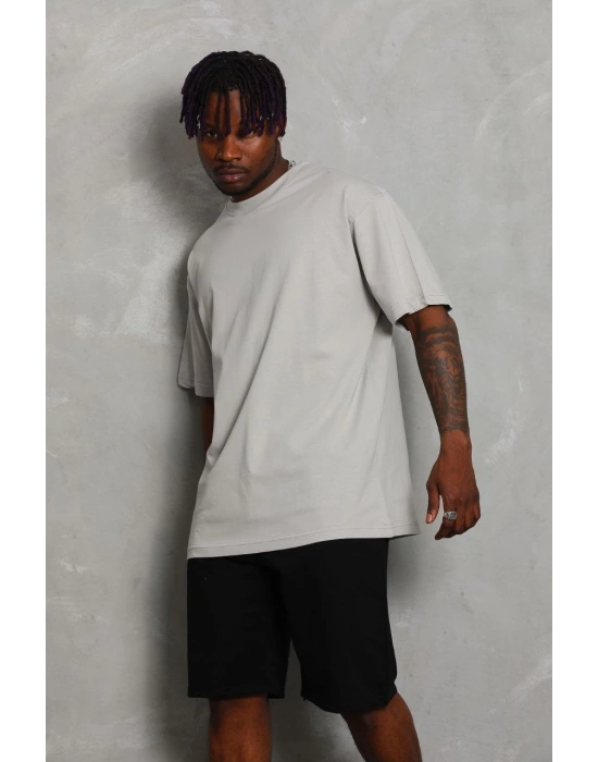 Oversize Düz Bisiklet Yaka T-Shirt - Gri -