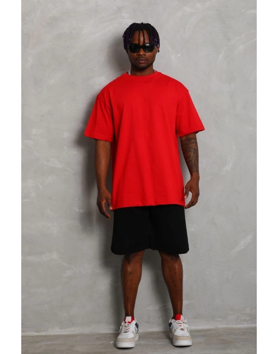 Oversize Düz Bisiklet Yaka T-Shirt - Kırmızı -