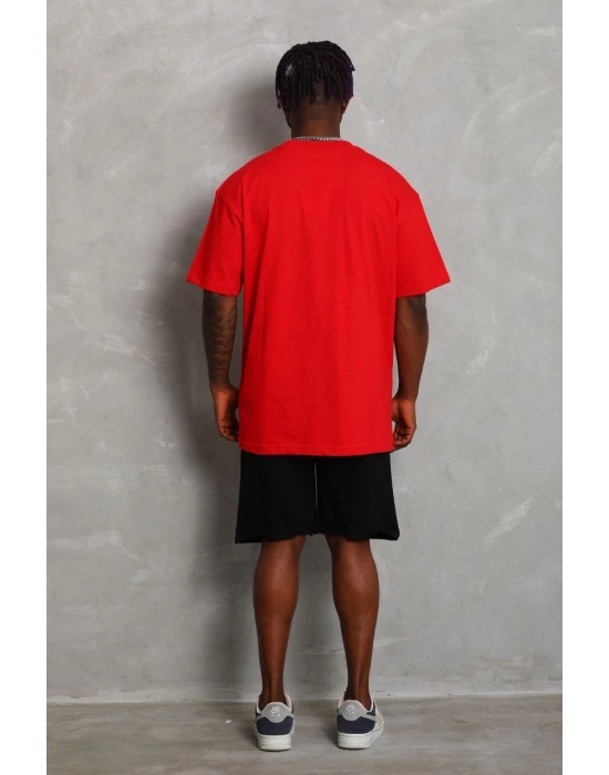 Oversize Düz Bisiklet Yaka T-Shirt - Kırmızı -