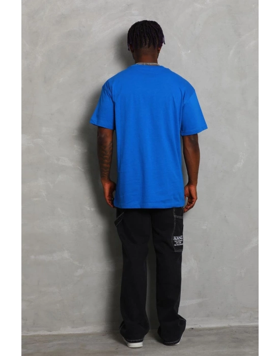 Oversize Düz Bisiklet Yaka T-Shirt - Mavi -