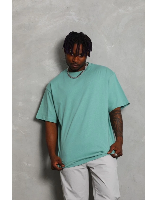 Oversize Düz Bisiklet Yaka T-Shirt - Mint Yeşili -