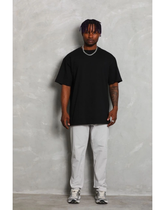 Oversize Düz Bisiklet Yaka T-Shirt - Siyah -