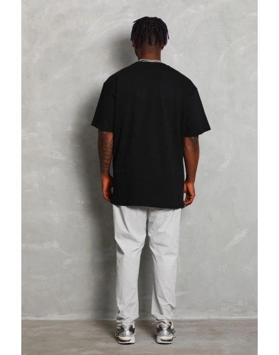 Oversize Düz Bisiklet Yaka T-Shirt - Siyah -