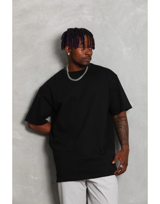 Oversize Düz Bisiklet Yaka T-Shirt - Siyah -