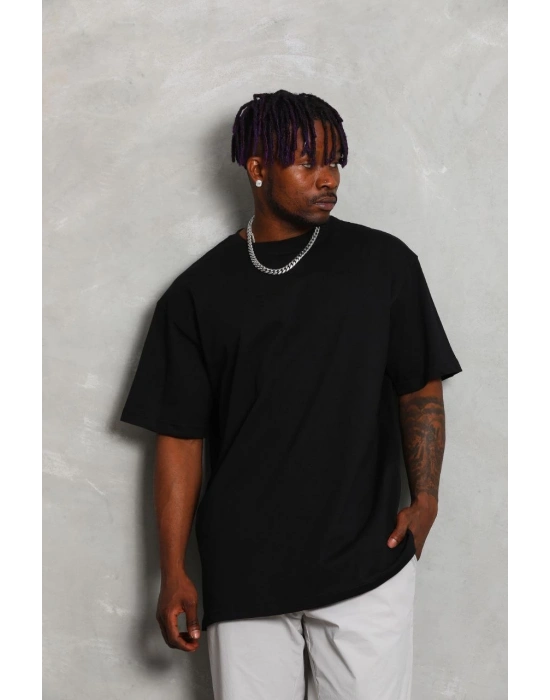 Oversize Düz Bisiklet Yaka T-Shirt - Siyah -