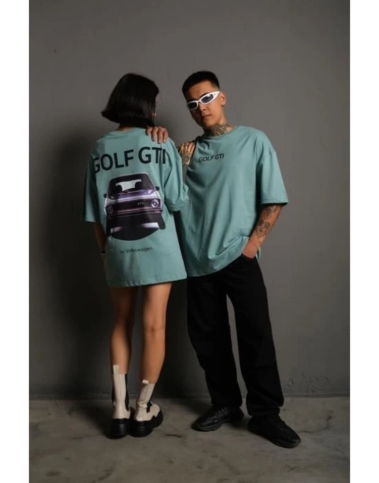Oversize Golf GTI Retro Araba Desenli, Ön  ArkaBaskı, Mint Yeşili -