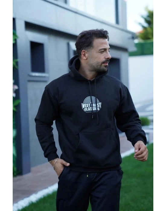 Oversize Kapüşonlu Sweatshirt – Siyah Sırt ve Ön Baskılı-Siyah -