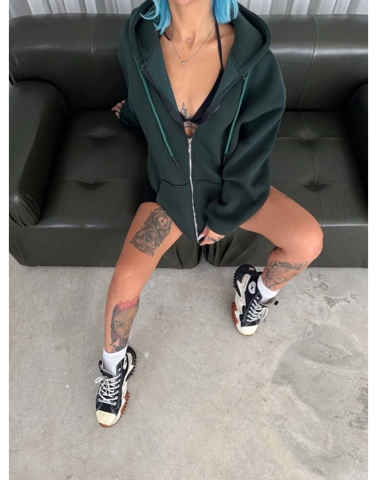 Oversize Tam Fermuarlı Uzun Kol Hırka - Haki -