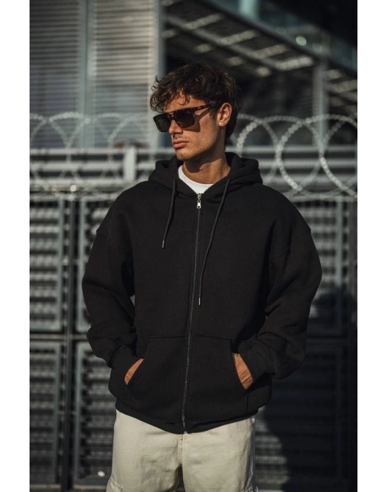 Oversize Tam Fermuarlı Uzun Kol Hırka - Siyah -