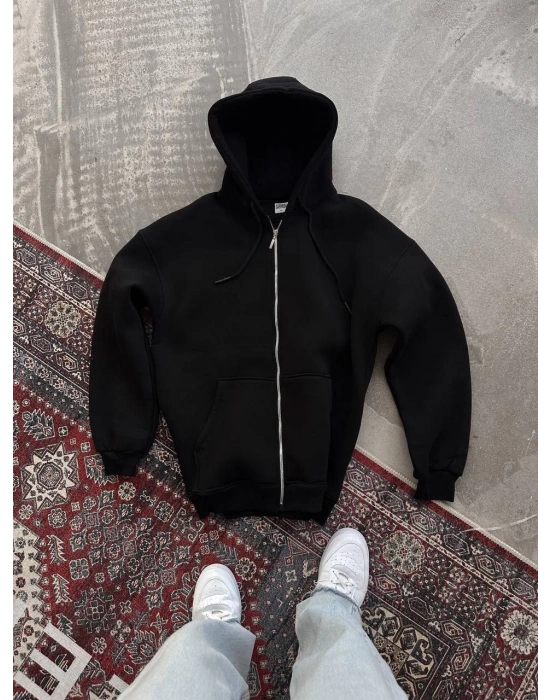 Oversize Tam Fermuarlı Uzun Kol Hırka - Siyah -