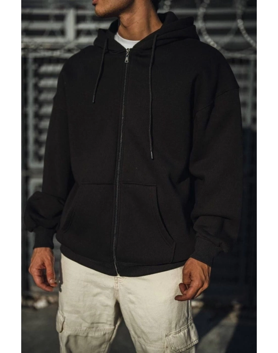 Oversize Tam Fermuarlı Uzun Kol Hırka - Siyah -