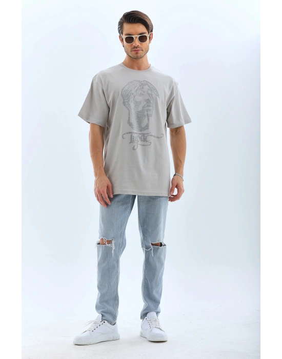 Oversize Taşlı Bisiklet Yaka T-Shirt - Gri -
