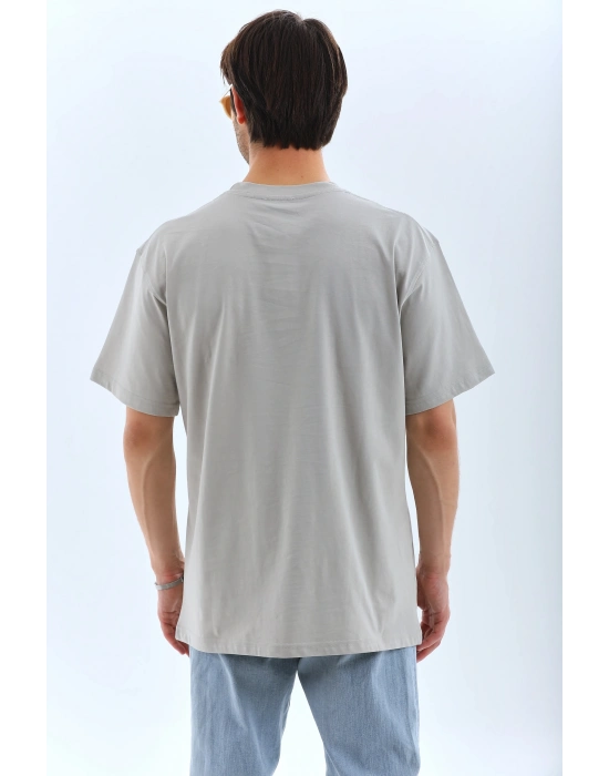 Oversize Taşlı Bisiklet Yaka T-Shirt - Gri -