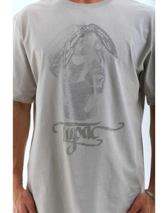 Oversize Taşlı Bisiklet Yaka T-Shirt - Gri -