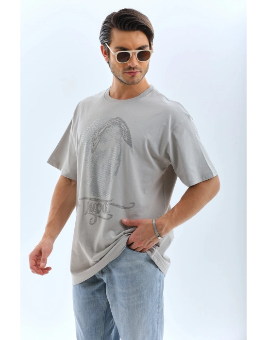 Oversize Taşlı Bisiklet Yaka T-Shirt - Gri -