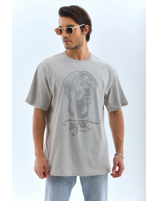 Oversize Taşlı Bisiklet Yaka T-Shirt - Gri -