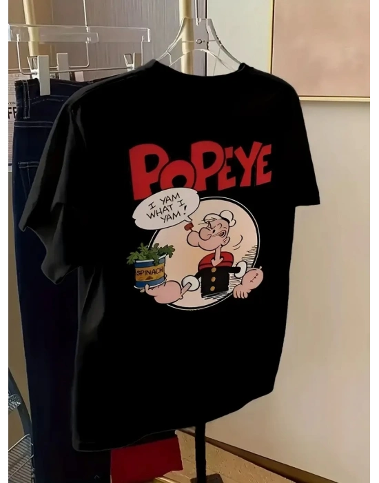 Oversize Tişörtü Popeye the Sailor Retro Vintage Ispanak - Siyah -