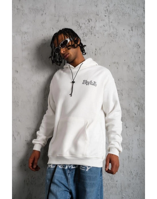 OversizeKapüşonlu Sweat – Kol ve Etek Ribana DetaylıBeyaz -