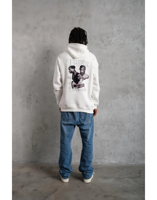 OversizeKapüşonlu Sweat – Kol ve Etek Ribana DetaylıBeyaz -