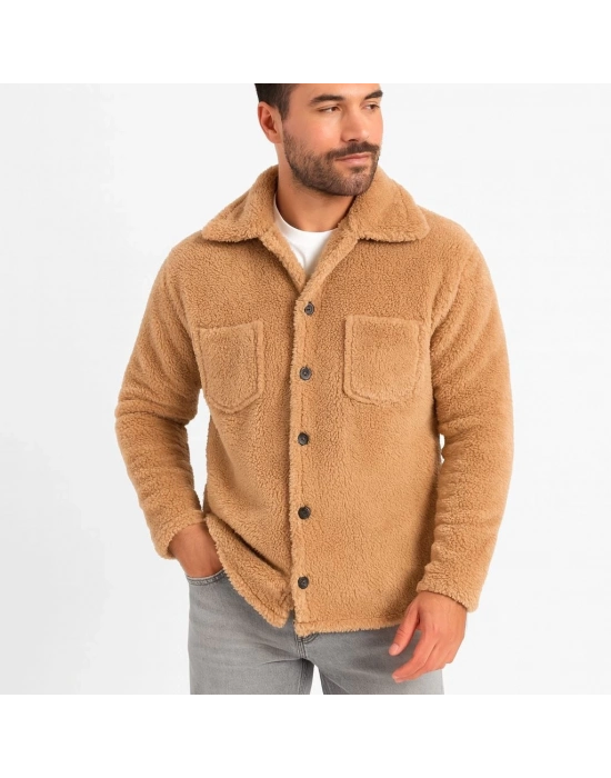 Pelüş Polar Hırka Gömlek  Açık Kahve -