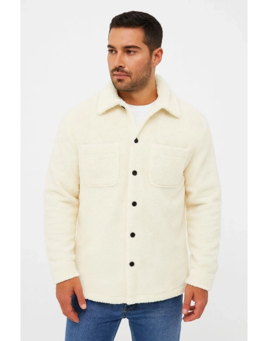 Pelüş Polar Hırka Gömlek - Beyaz -