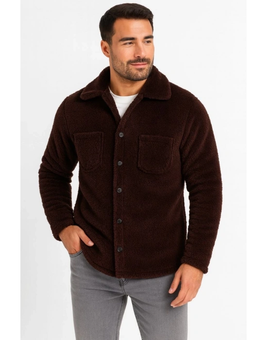 Pelüş Polar Hırka Gömlek - Kahverengi -