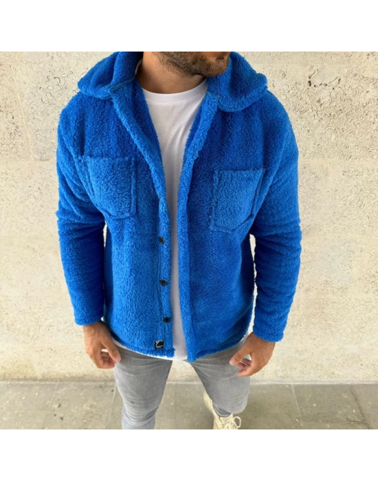 Pelüş Polar Hırka Gömlek - Saks Mavisi -