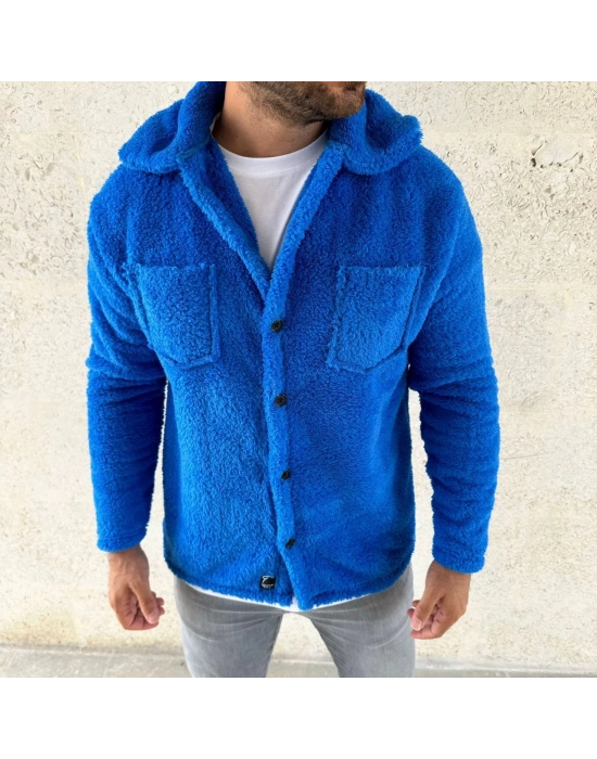 Pelüş Polar Hırka Gömlek - Saks Mavisi -