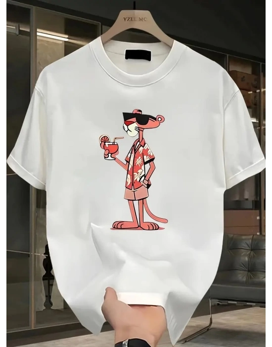 Pembe Panter Baskılı   Oversize Günlük Kısa Kollu Tişört- Beyaz -