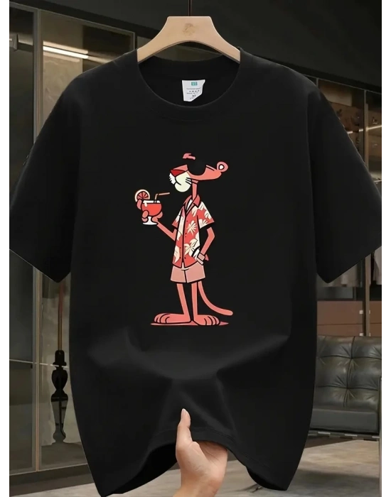 Pembe Panter Baskılı   Oversize Günlük Kısa Kollu Tişört- Siyah -