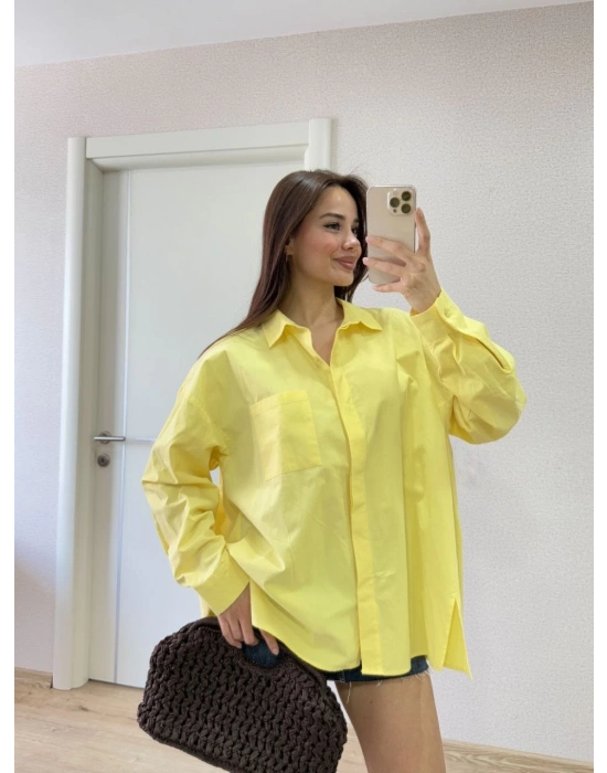 Poplin   Yakalı Yandan Yırtmaçlı Arka Pens Detaylı Gömlek - Sarı -