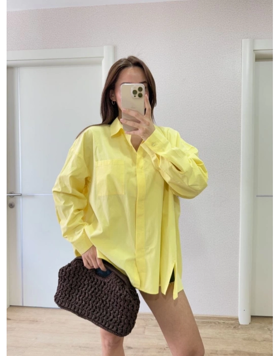 Poplin   Yakalı Yandan Yırtmaçlı Arka Pens Detaylı Gömlek - Sarı -