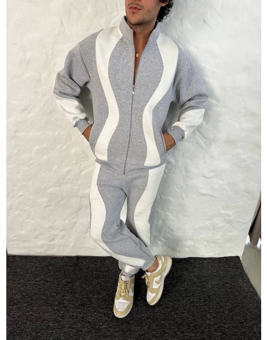 Premium Parçalı Eşofman Takım - Dik Yaka Fermuarlı Sweatshirt, - Gri -